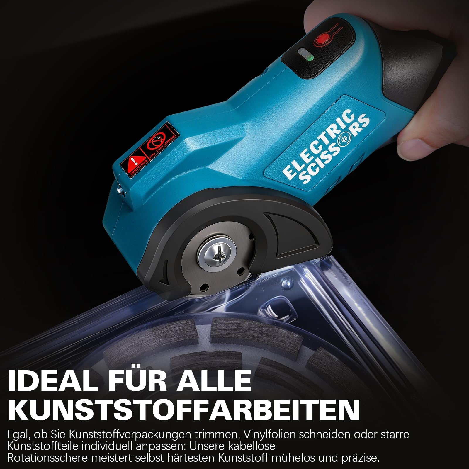 Kartonschneider Elektrisch Schere, 9mm Schnitttiefe, 440U/min Rollschneider | Kabellose Universalschneider mit 2000 mAh Akku, Klinge, LED-Licht und USB-C Ladekabel, Kompatibel mit Makita 18V Akku
