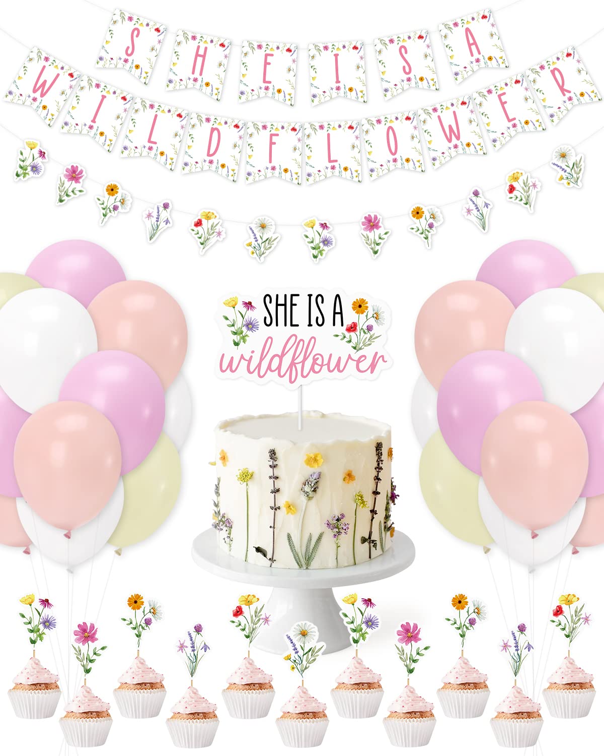 Sinasasspel Wildflower Baby Shower Decorations She Is A Wildflower 1st Birthday Party Banner Cake Cupcake Toppers Flowers Daisy Lavender Leaves Baby Girl Shower Party Decor Supplies