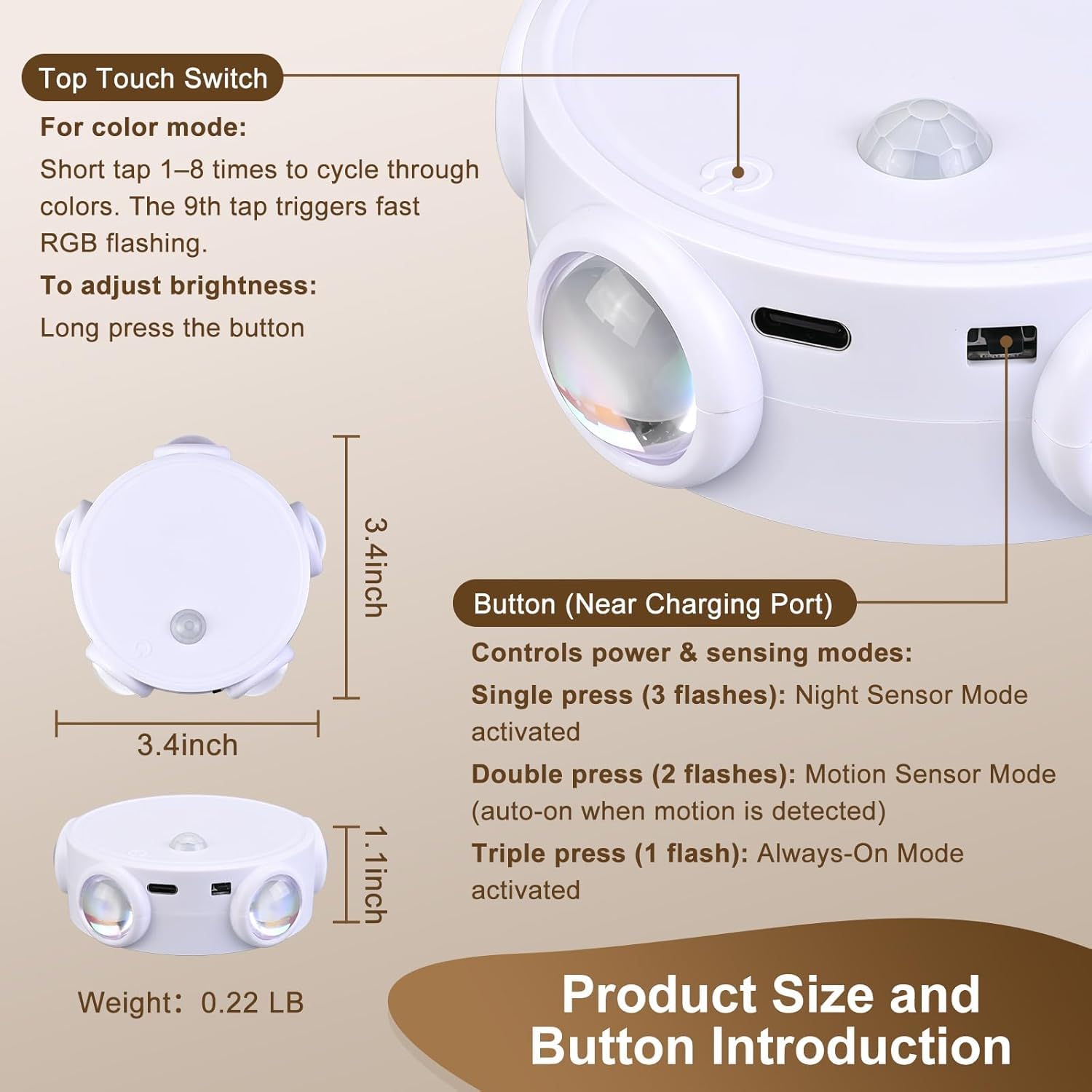 OOWOKS 4 luci notturne a LED ricaricabili tramite USB con sensore di movimento per illuminazione interna delle scale senza allacciamento elettrico 2700K bianco caldo+cambio colore RGB con 3 modalità