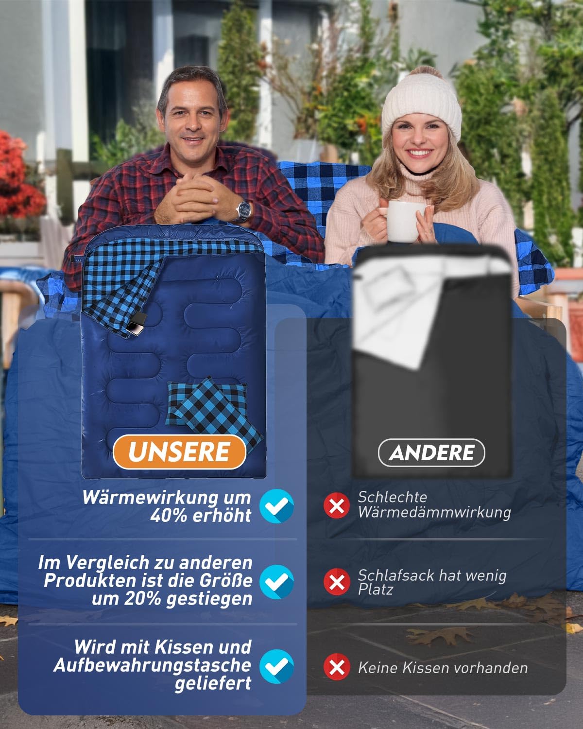Doppelschlafsack Flanell, 2 Personen Schlafsack Outdoor 220 x 160 cm, Verbesserter Doppel Zippern, mit 2 Kissen und Tragetasche, Erwachsene Deckenschlafsack für Familie