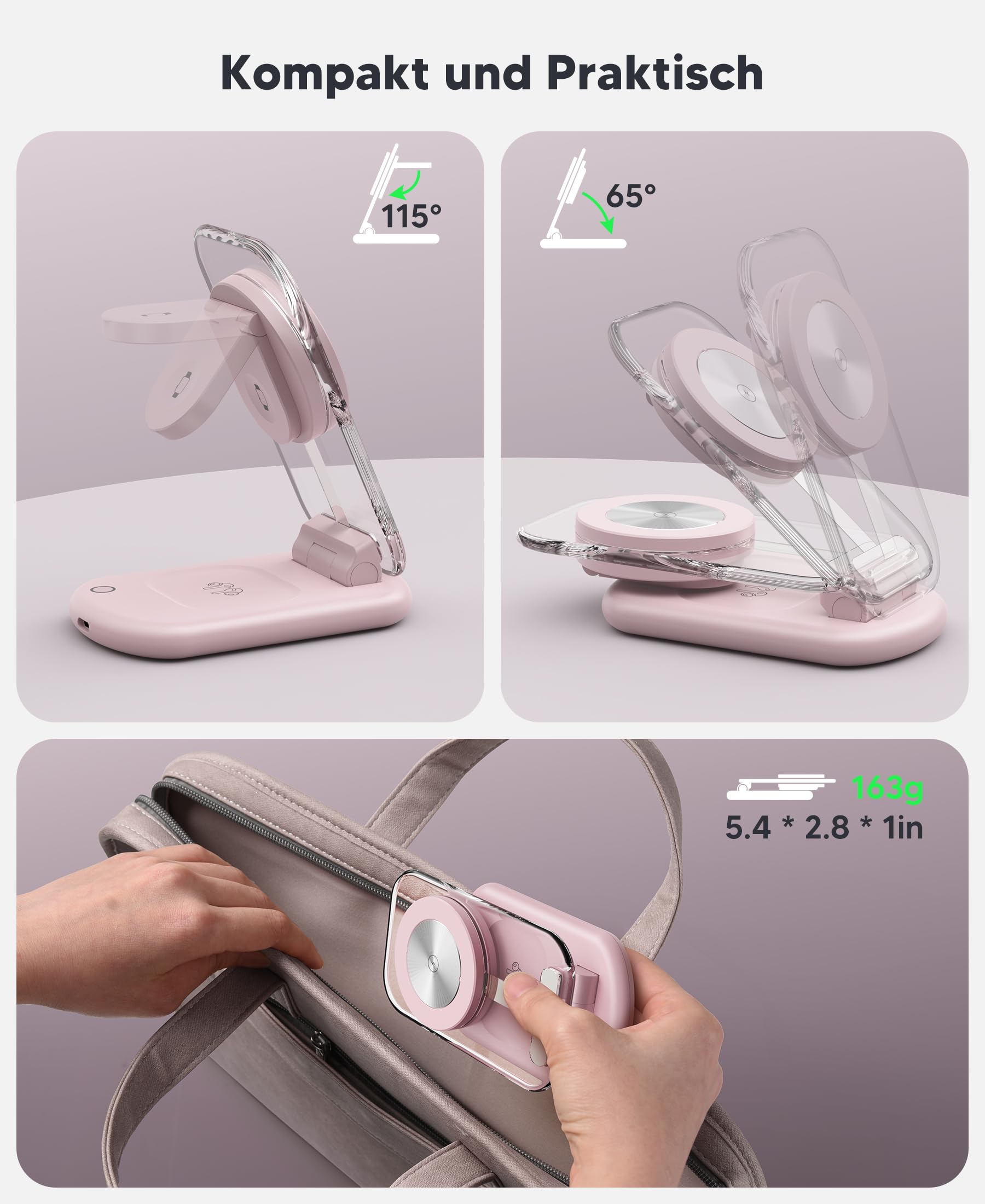 Mukiya 3 in 1 Induktive Ladestation Kompatibel mit Mag Safe Ladegerät Rosa – Bild 8