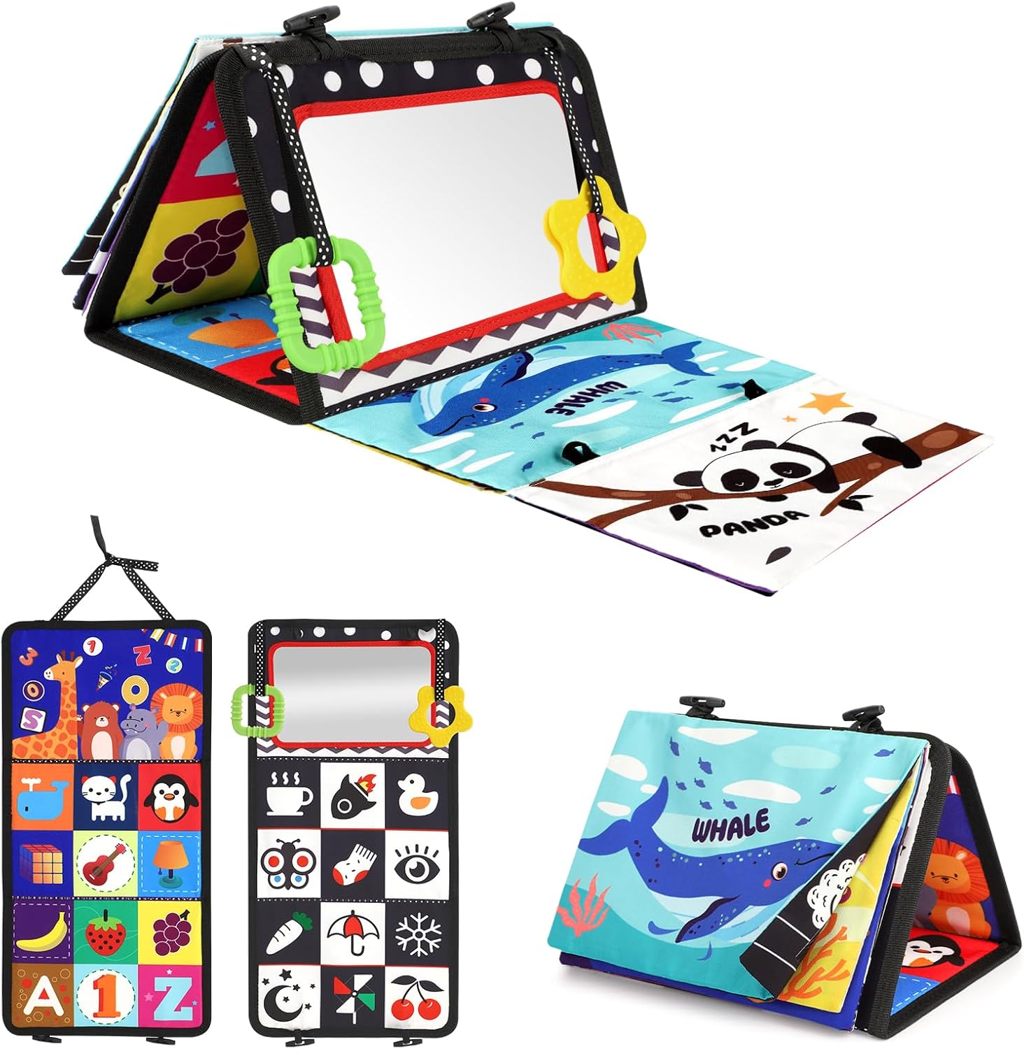 Jouet BeBe 0-3-6-9-12 Mois – Miroir d&rsquo;Éveil Pliable avec Jouet de Dentition et Livre Papier froissé Sensoriel (Noir et Blanc)