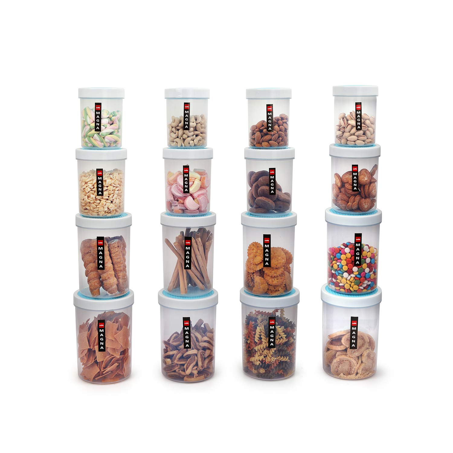 CELLO Plastic Magna Container Set of 16 (500ml x 4, 750ml x4, 1000ml x 4, 1700ml x 4) Blue and White | Plastic Container Set for Kitchen | Storage Jars for Grains, Pulses, Condiments, Snack (B07M77TRM2) Amazon Price History, Amazon Price Tracker