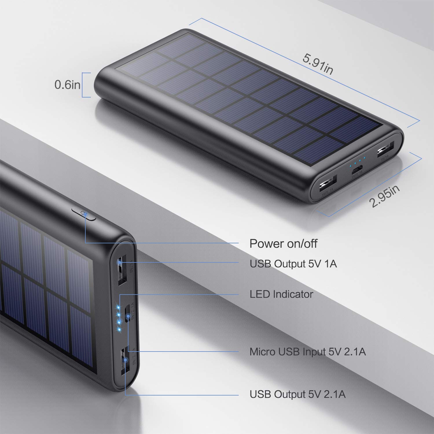 Solar Power Bank, przenośna ładowarka 26800 mAh, wysoka pojemność, szybkie ładowanie, zewnętrzny akumulator, przenośna ładowarka do telefonu z podwójnym wyjściem USB, do smartfonów, tabletów