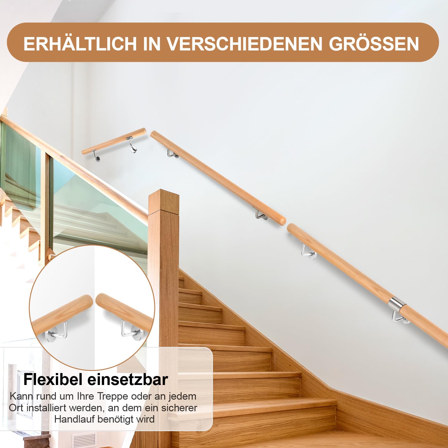 Pasamanos de madera, 150 cm, barandilla para escaleras, diámetro de 42 mm, pasamanos de pared, montaje lateral, incluye soportes de pared, material de montaje