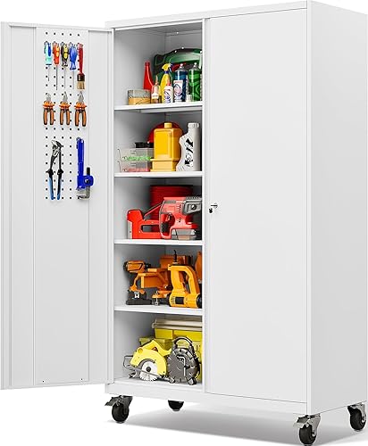 Miniatura 33 de SISESOL Armario de almacenamiento de metal blanco con 5 estantes ajustables, gabinete de metal de 71 pulgadas de alto con puertas con cerradura,