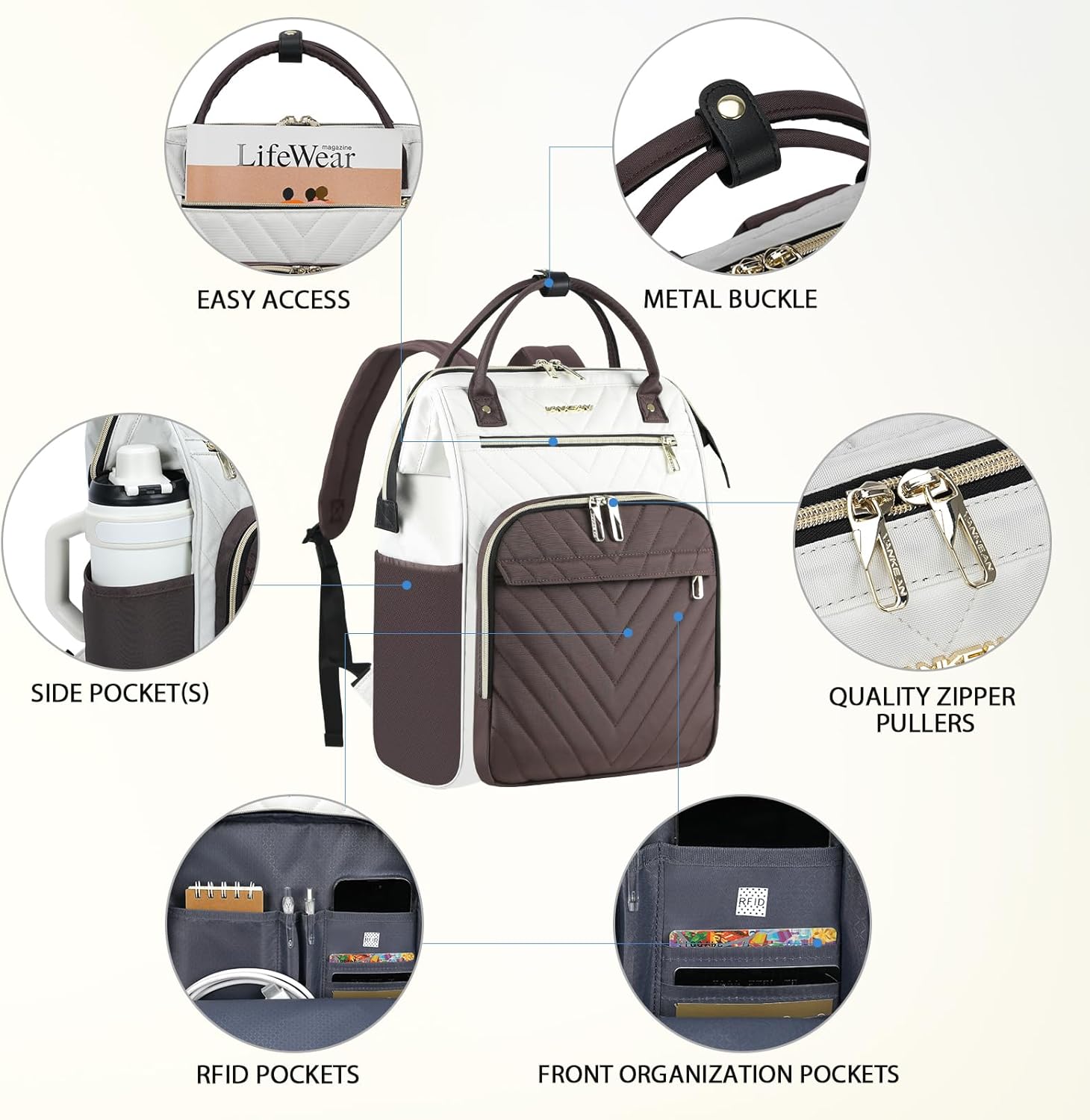 VANKEAN 17 Inch Laptop Backpack for Women Men Fashion Computer Work Bag, Large Capacity Waterproof Backpack with USB Port & RFID Pockets, College Daypack Business Travel, Beige-Coffee - Image 6