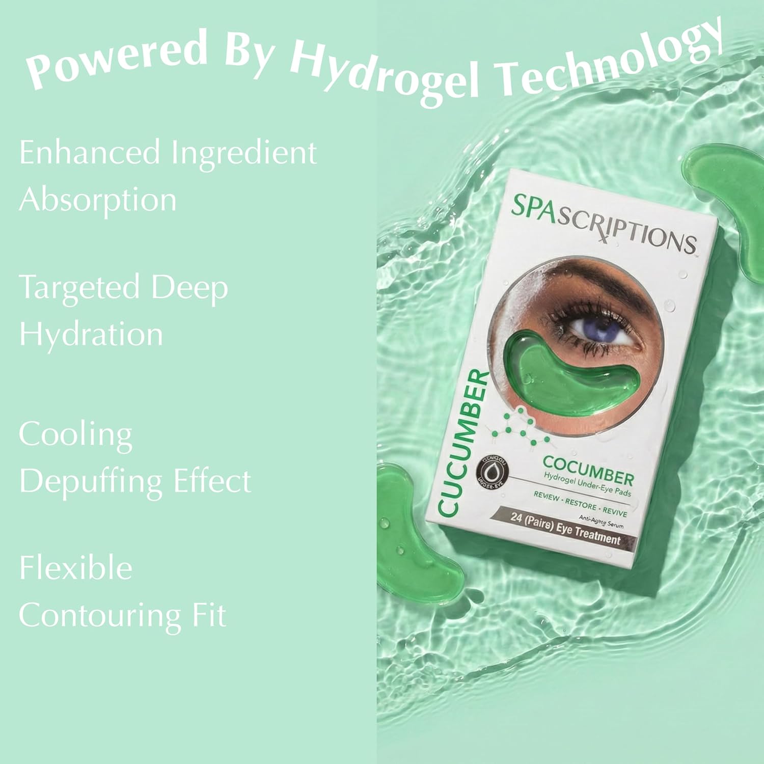 SpaScriptions Hydrogel Cucumber Under Eye Patches - Cooling Hydrating Eye Masks for Dark Circles, Puffiness and Wrinkles, Depuffing Gel Eye Pads for Women for Refreshing Daily Skin Care, 24 Pairs