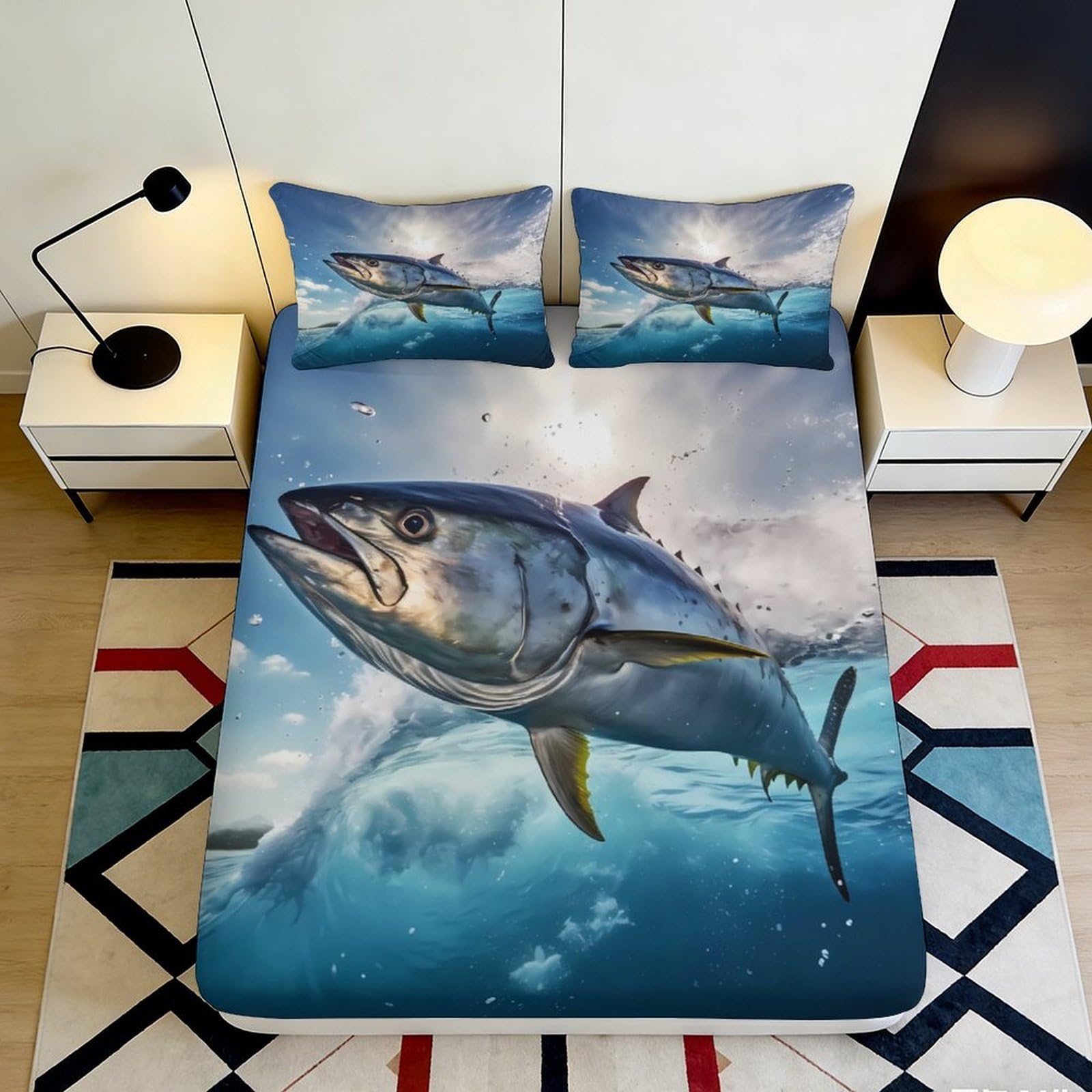 3D Printed Ocean Tuna Fitted Sheet Microfiber Soft Breathable Splash Wave Bed Cover for Bedroom Dorm Decor 90x200x25cm