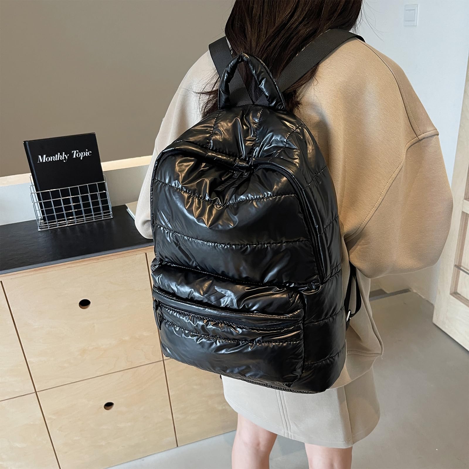 Extolove Puffer Backpack for Women, Lightweight Travel Puffy Backpack Purse Metallic Quilted Backpack (Black)