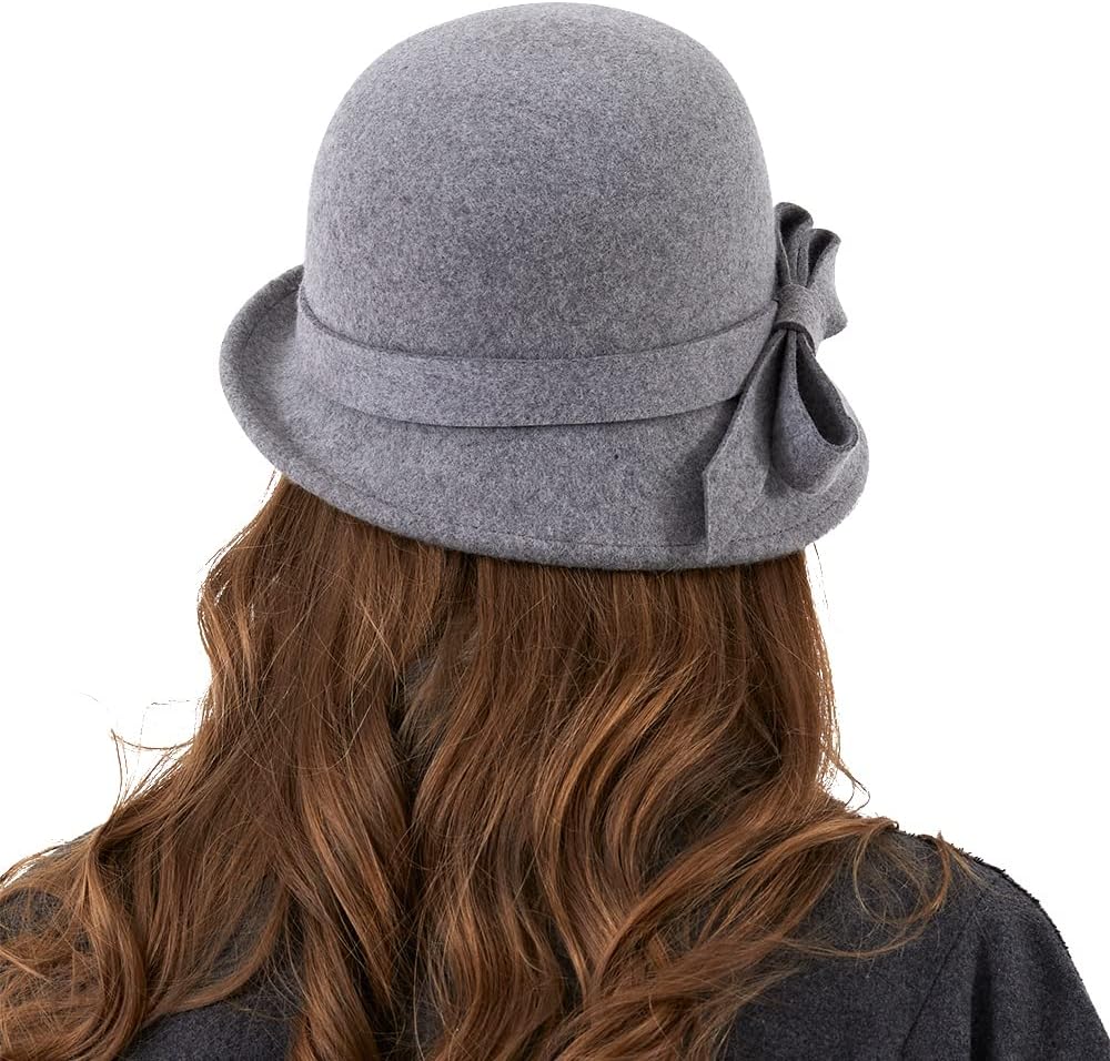 Ladies Wool Felt Bucket Hat Women Vintage Cloche Fedora Winter Church Bowler Hat with Bow - Image 3