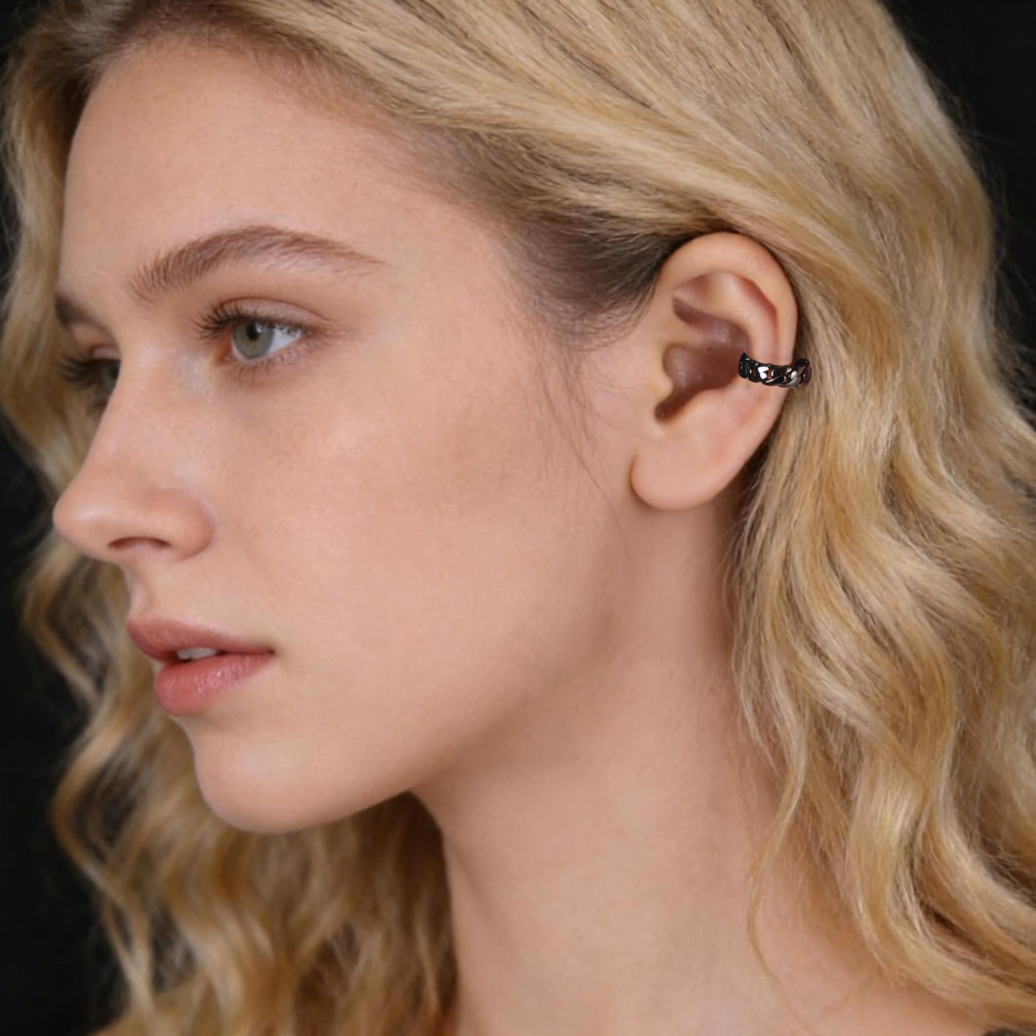 Ear Cuff Kubanische Kettenstruktur Fake Ohrringe Schwarz Unisex Stilvoll Punk Accessoires Ohrklemme Alltags Schmuck für Männer und Frauen Geeignet