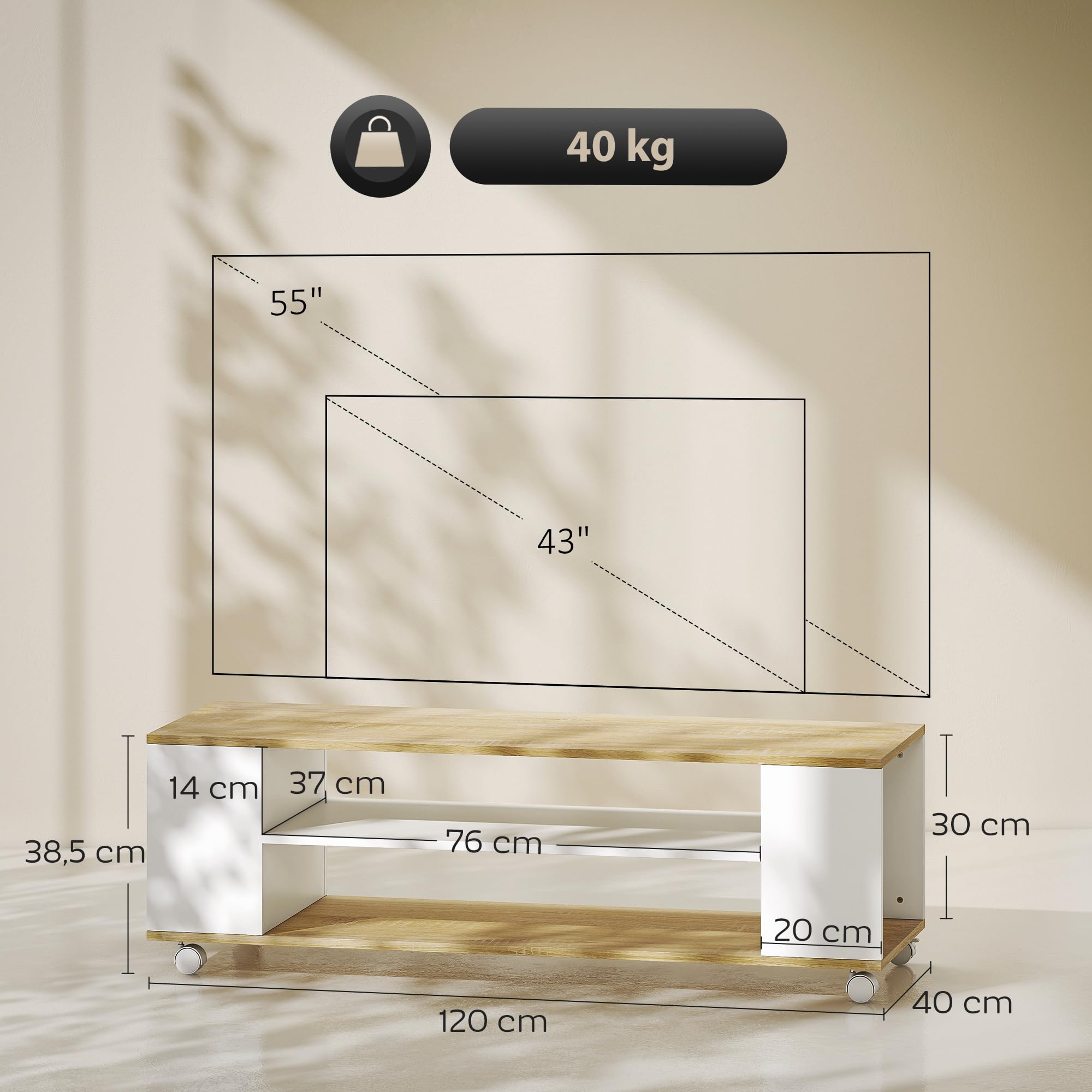 HOMCOM Mueble de TV con Ruedas, Mesa de TV Suspendido o de Pie, para Salón, con 4 Estantes Abiertos, para Televisión de 55 Pulgadas, Estilo Moderno, 120x40x38,5 cm, Natural y Blanco