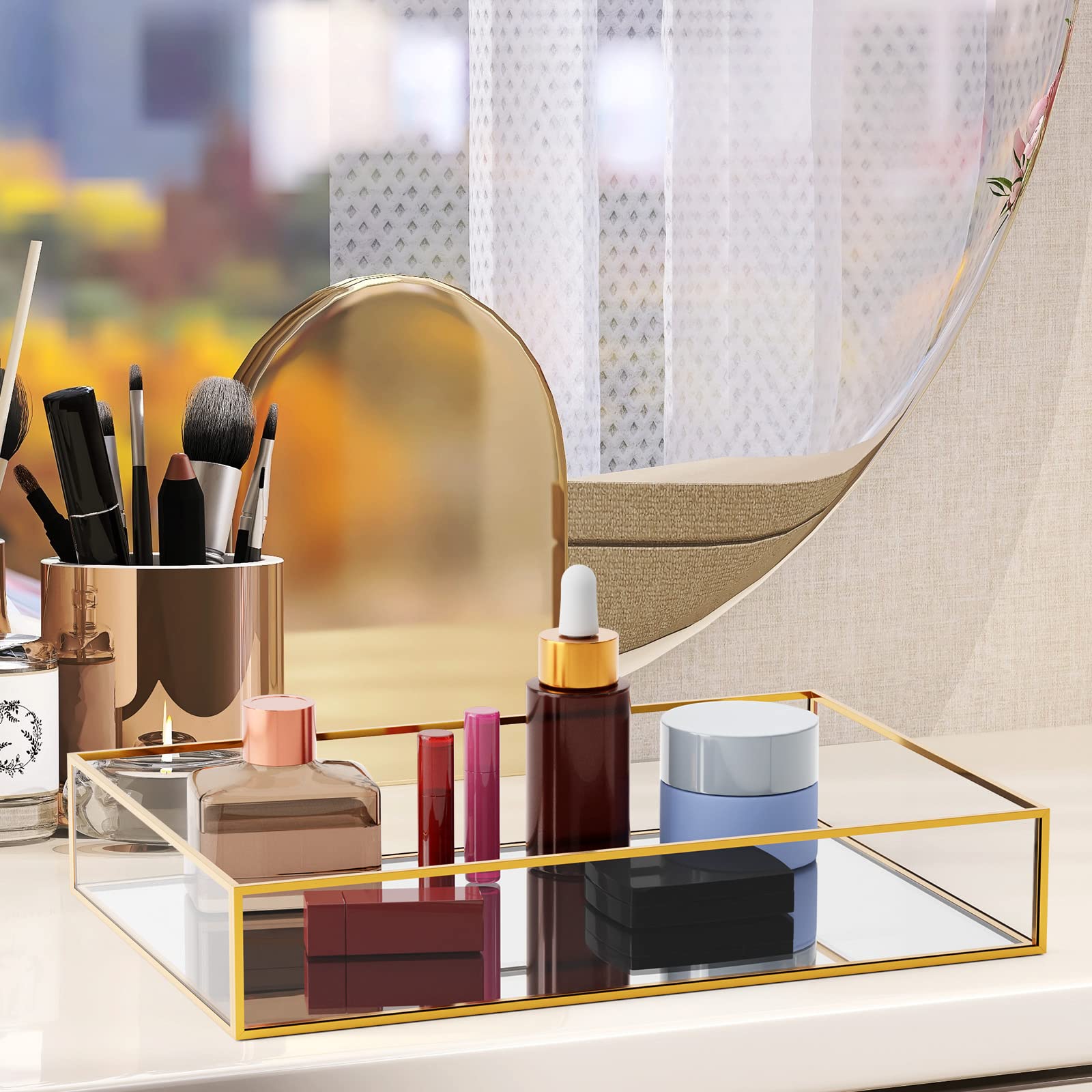 MoYouno Boîte à Bijoux En Verre Doré Avec Miroir - Plateau De Rangement Vintage Métal Pour Parfums, Bijoux Et Cosmétiques