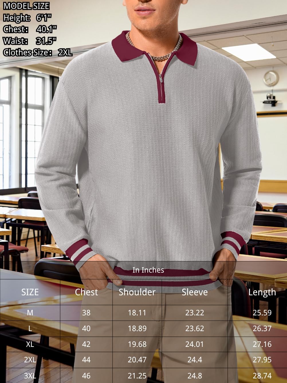Men's Fashion Contrast Color Waffle Sweater, Quarter-Zip Collared Long Sleeve Pullover - Lightweight Loose Fit - Image 6