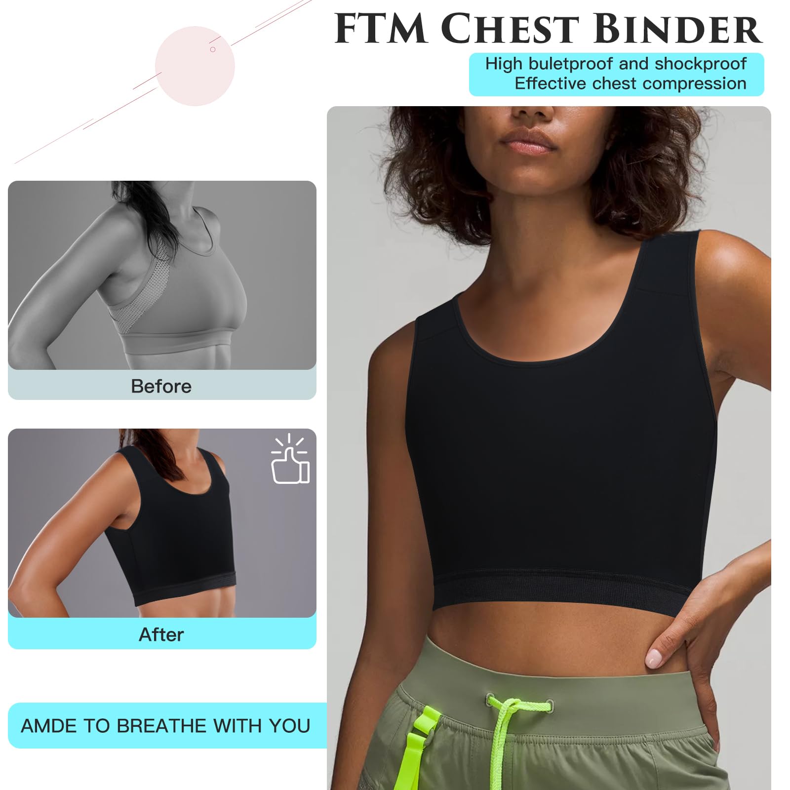XUJI Traspirante Binder per il petto per Transgender FTM Pullover Half Binder