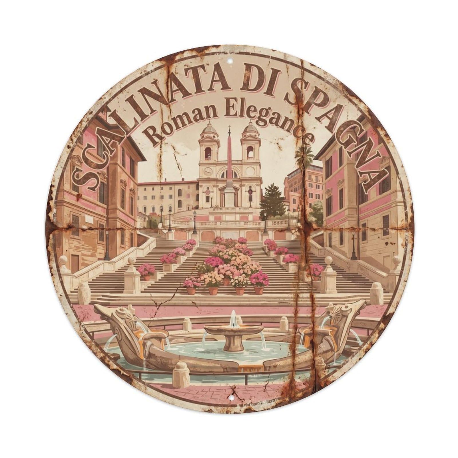 Vintage Travel Rome Spanish Steps 1 Metal Tin Sign Plaque Wall Decor for Cafe, Club, Garden Round Metal Poster 8x8Inch