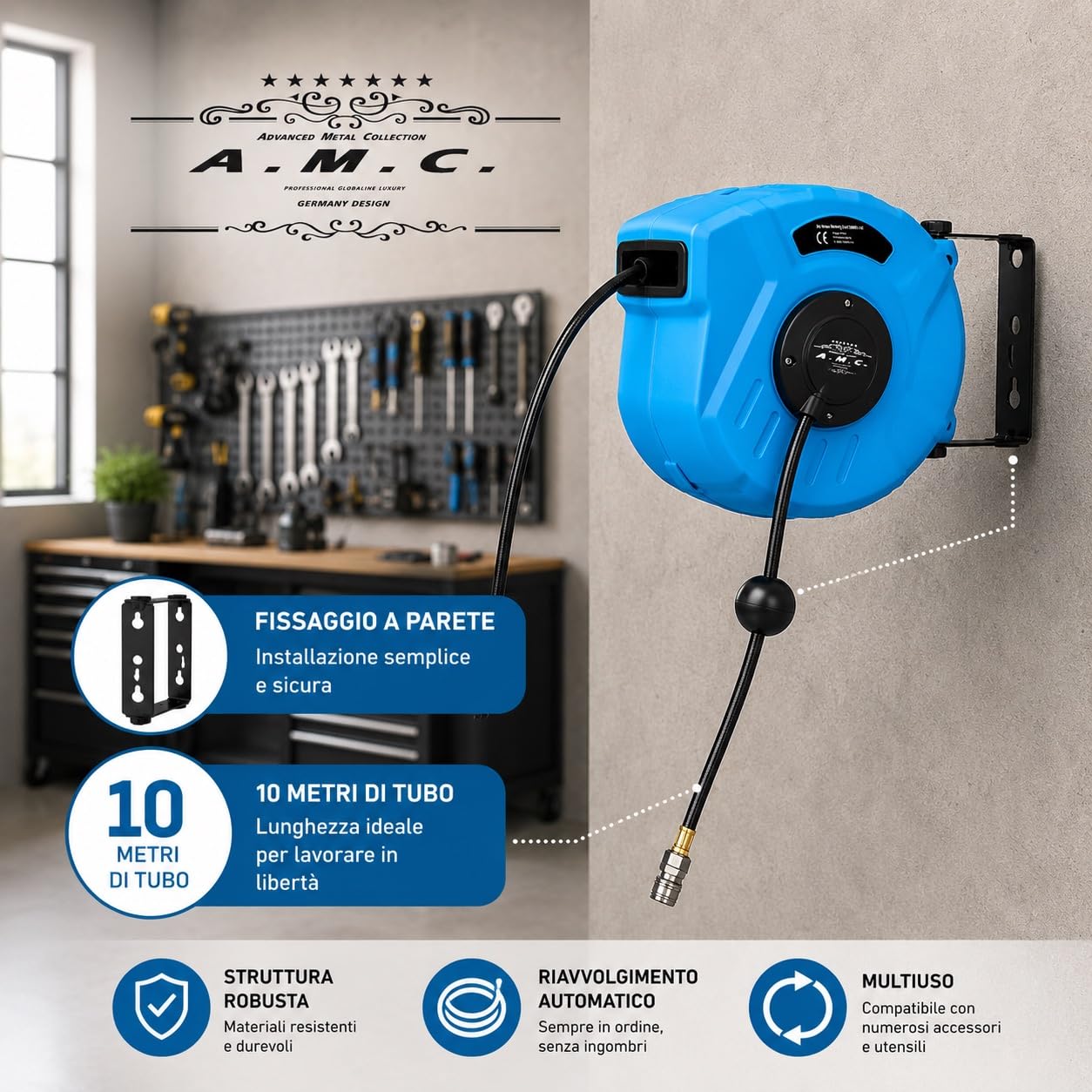 A.M.C. Enrouleur de tuyau d'air comprimé avec tuyau professionnel, raccord 1/4", fixation murale, système de verrouillage automatique, enrouleur automatique, accessoire compresseur, gain de place