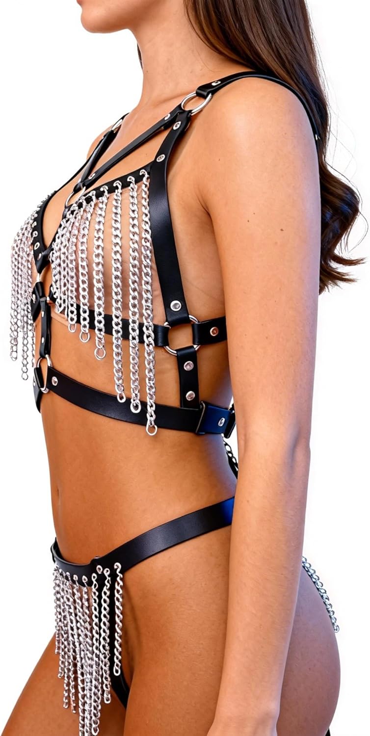 Women’s Punk Leather Bra & Harness Lingerie Set - Adjustable Bondage-Style PU Leather Bodysuit with Chains for Cosplay, Clubwear, Mardi Gras and Valentine’s Day Gift
