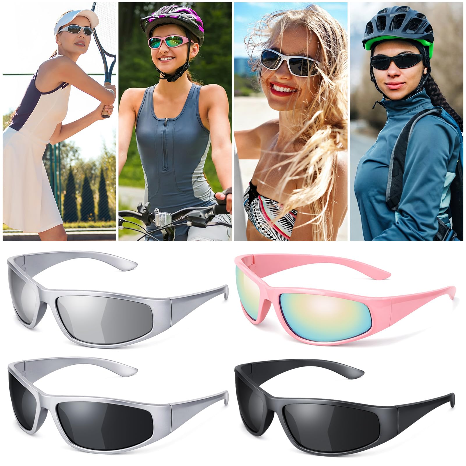 Confezione da 4 occhiali da sole sportivi polarizzati per donne e uomini, protezione UV, corsa, ciclismo, pesca all'aperto