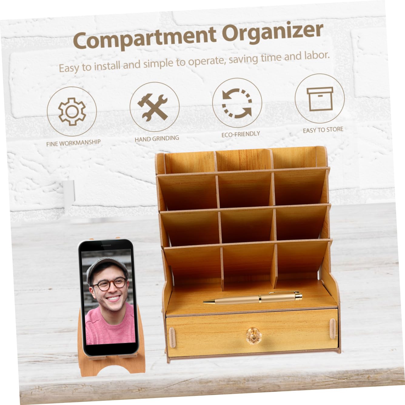 Organizador de Escritorio de Madera Múltiples Compartimentos, Portalápices y Contenedor de Papelería para Oficina, Estructura Resistente y Portátil