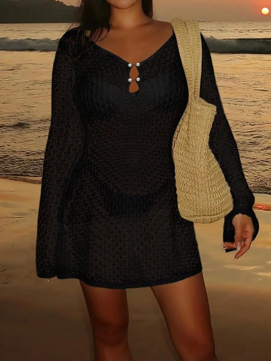 Women's Long Sleeve Hollow Out Swimsuit Cover Up, Elegant Beach, V-Neck Skirt Summer cover ups for swimwear