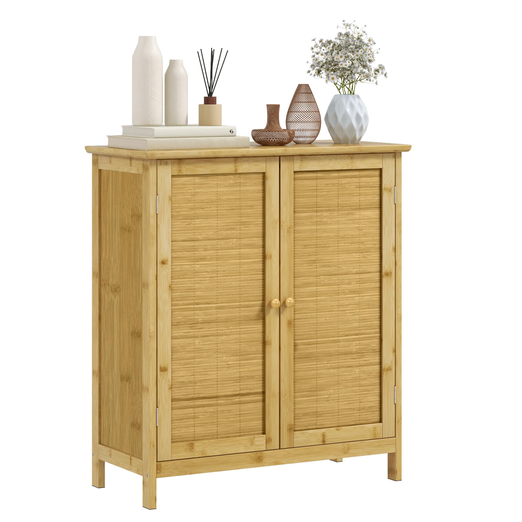 HOMCOM Aparador de Bambú de 2 Puertas con 2 Estantes 60x27x67,5 cm Natural | Aparador de Salón Bohemio, Entrada, Cocina, Dormitorio