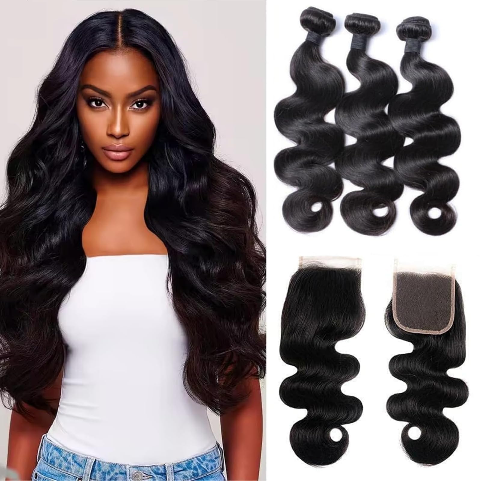 Brazilian Body Wave Virgin with Lace Closure(18 20 22 with16 Closure) Human Hair Unprocessed Hair with Closure 4X4 Lace Natural Black Hair black 18 20 22+16