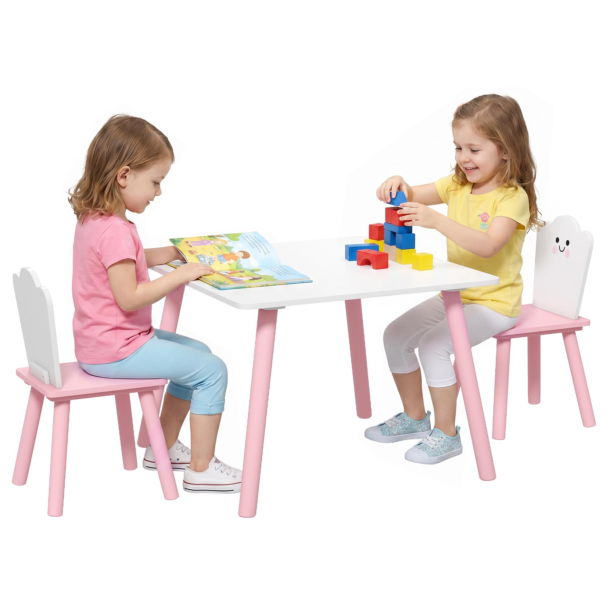 AIYAPLAY Set Tavolo e 2 Sedie per Bambini 3-6 Anni Zucchero Filato Rosa | Legno di Pino e MDF, Tavolino per Bambini con Sedie, Angoli Arrotondati, per Cameretta