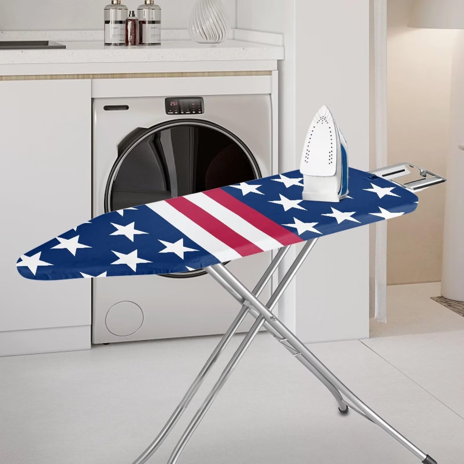 Suhoaziia American USA Flag Heavy Duty Patriotic Iron Board Covers Non Stick Scorch Washable Easy-Fit Ironing Board Cover with Hook and Loop Fastener Strap Independence Day Decor