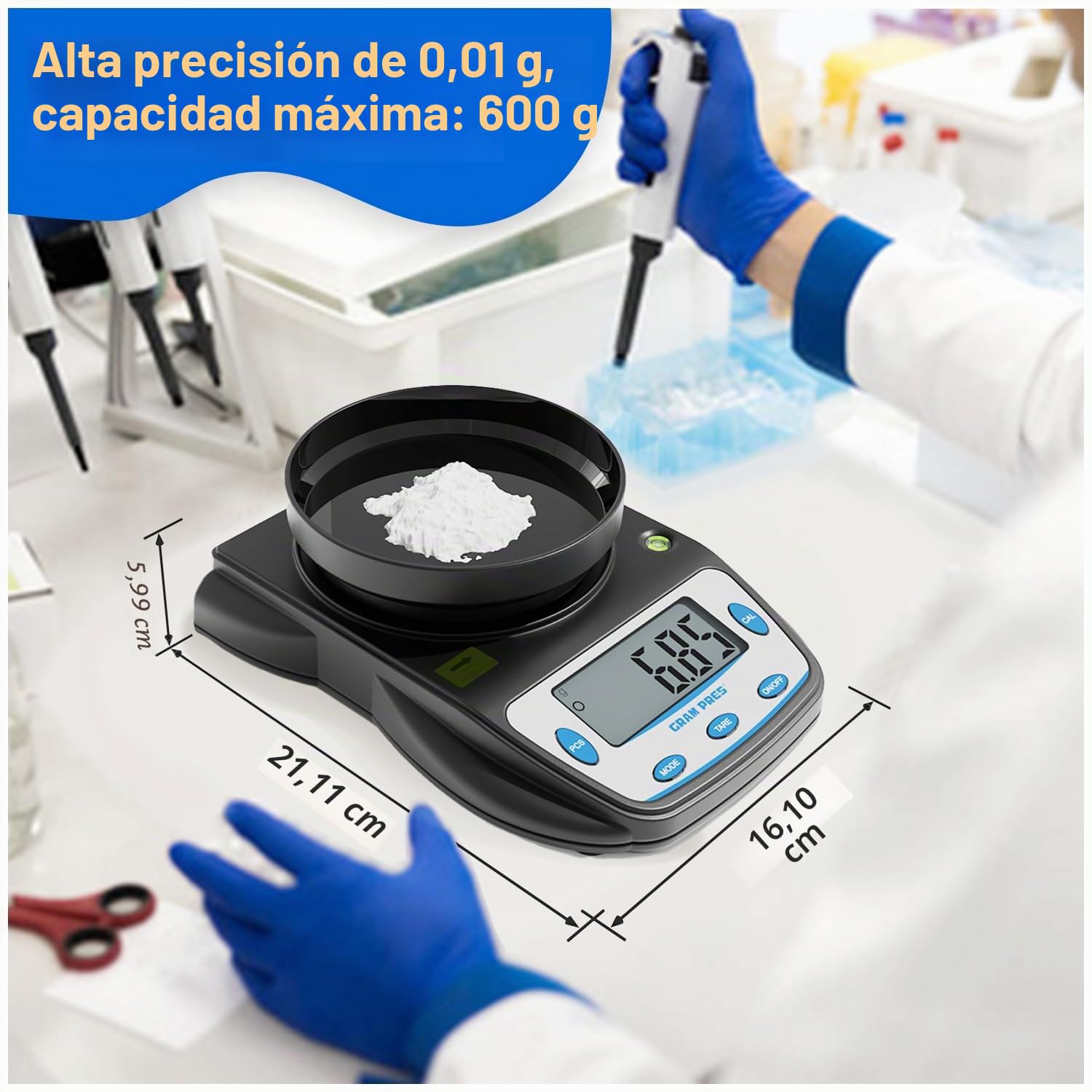 GRAM PRES Báscula digital de laboratorio de 600 g x 0,01 g, precisión electrónica, báscula científica, para joyas, polvos, monedas, etc.