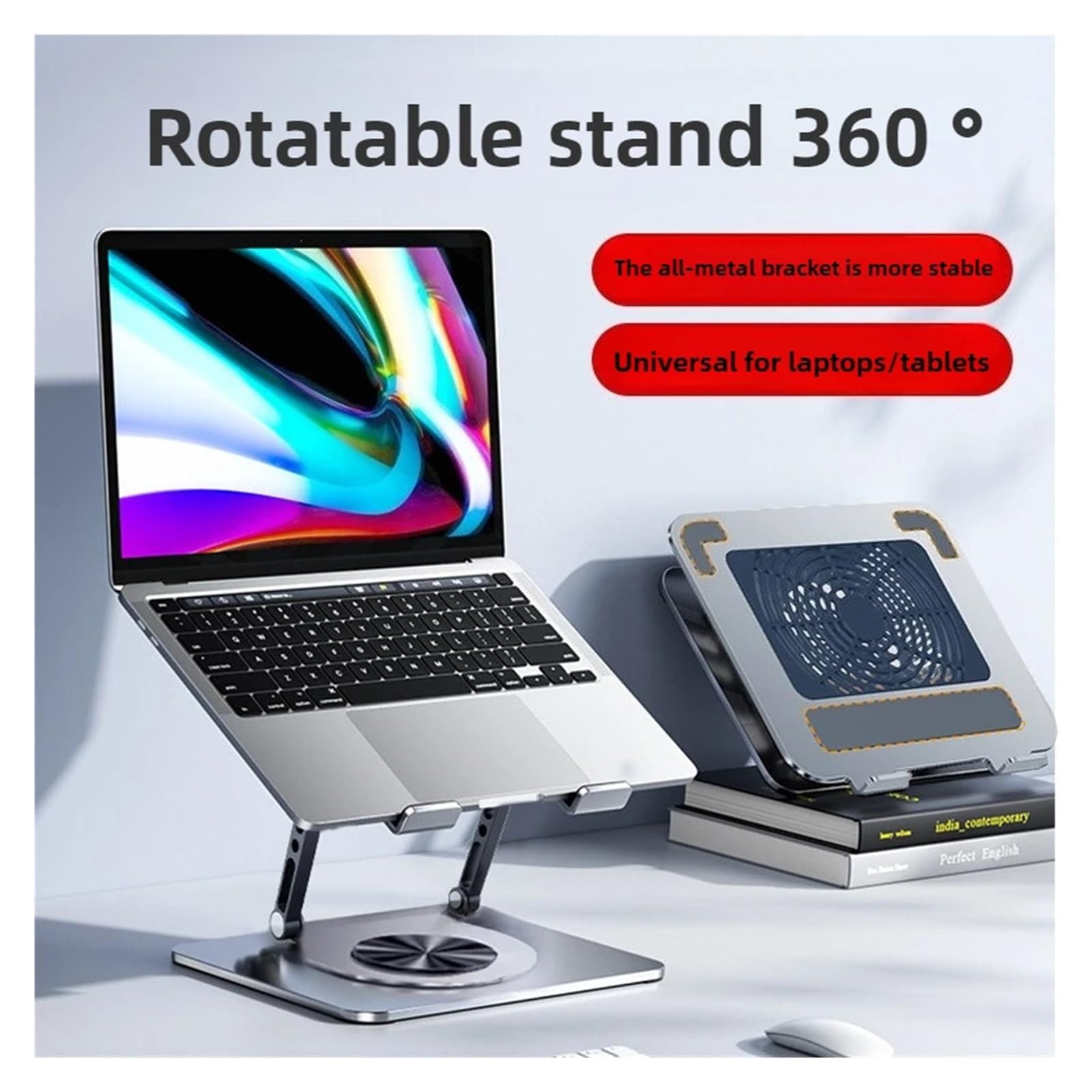 Supporto Pieghevole for Tablet Portatile con Supporto for dissipazione del Calore con Ventola di Raffreddamento, Compatibile con MacBook | Supporto for notebook in alluminio con dispositivo di raffreddamento da tavolo