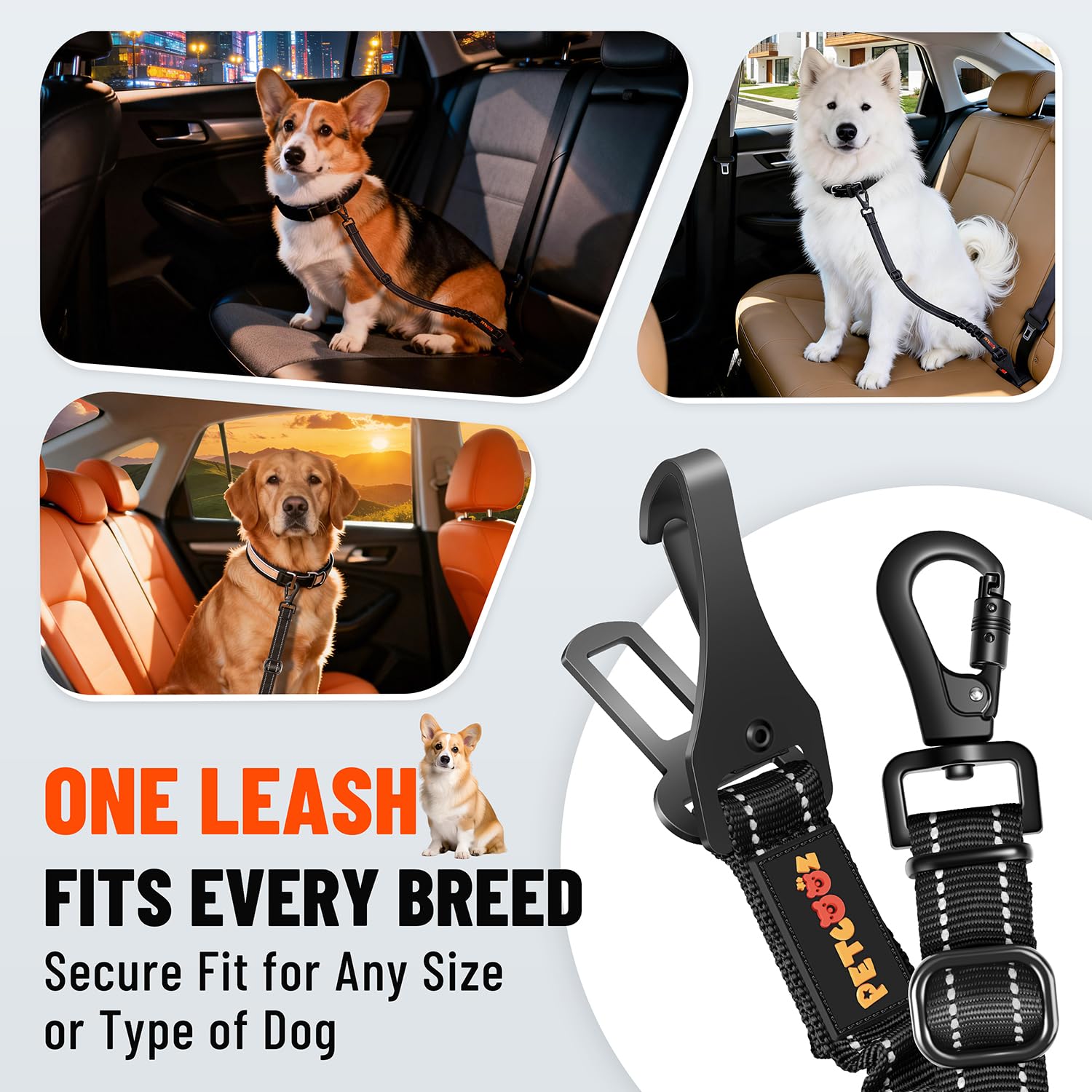 Ceinture Chien Voiture 3 en 1, Ceinture de Sécurité Chien Réglable 58-92 cm avec Système Latch et ISOFIX, Absorption des Chocs, Mousqueton Rotatif 360°, Harnais Voiture pour Toutes Les Races