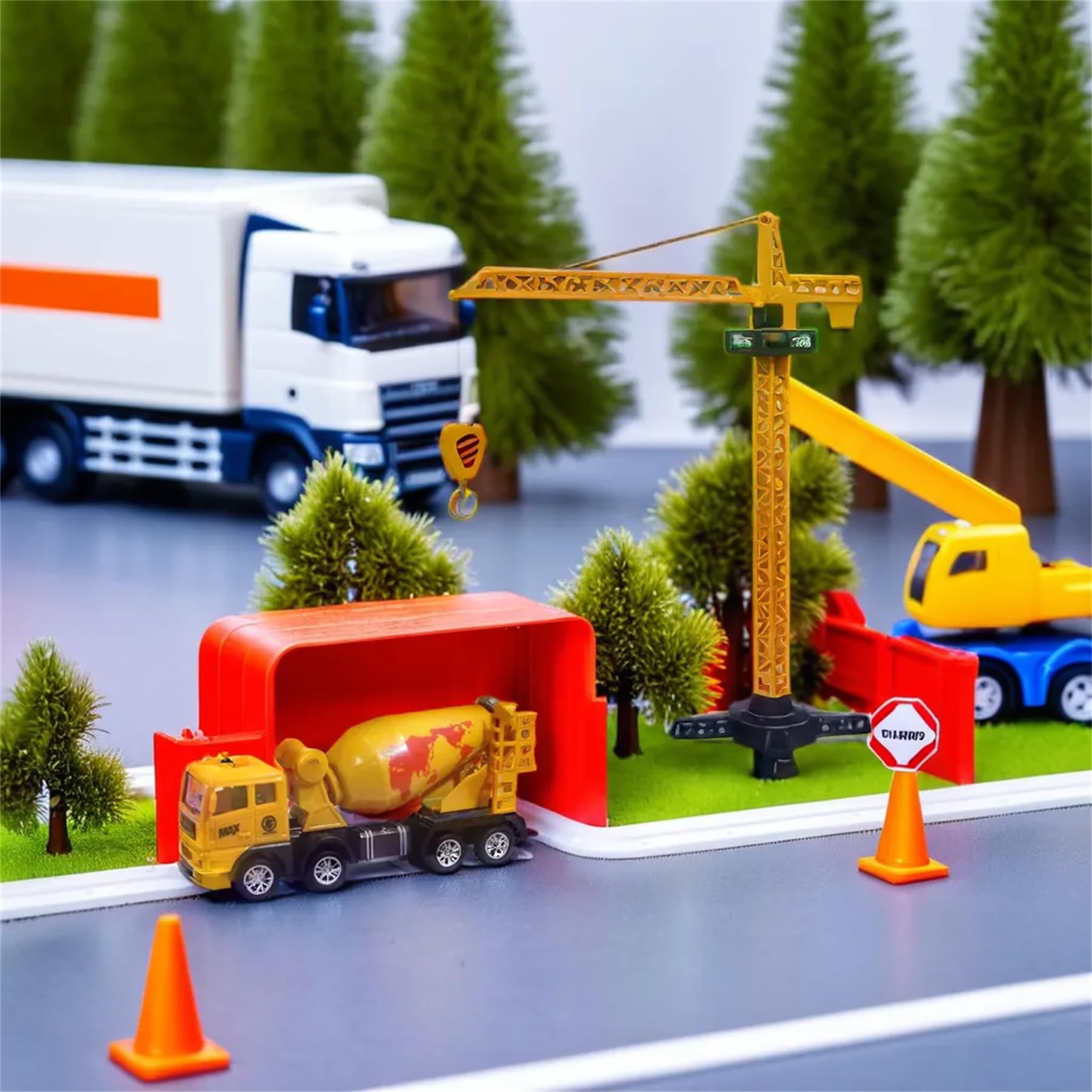 Vehículo de construcción AptoFun serie grúa (37 * 41,5cm) + presione y vaya. Camión hormigonera (16,4 * 7,6 * 4,8cm) con 2* trabajadores con herramientas y varias señales de tráfico a partir de 2 años