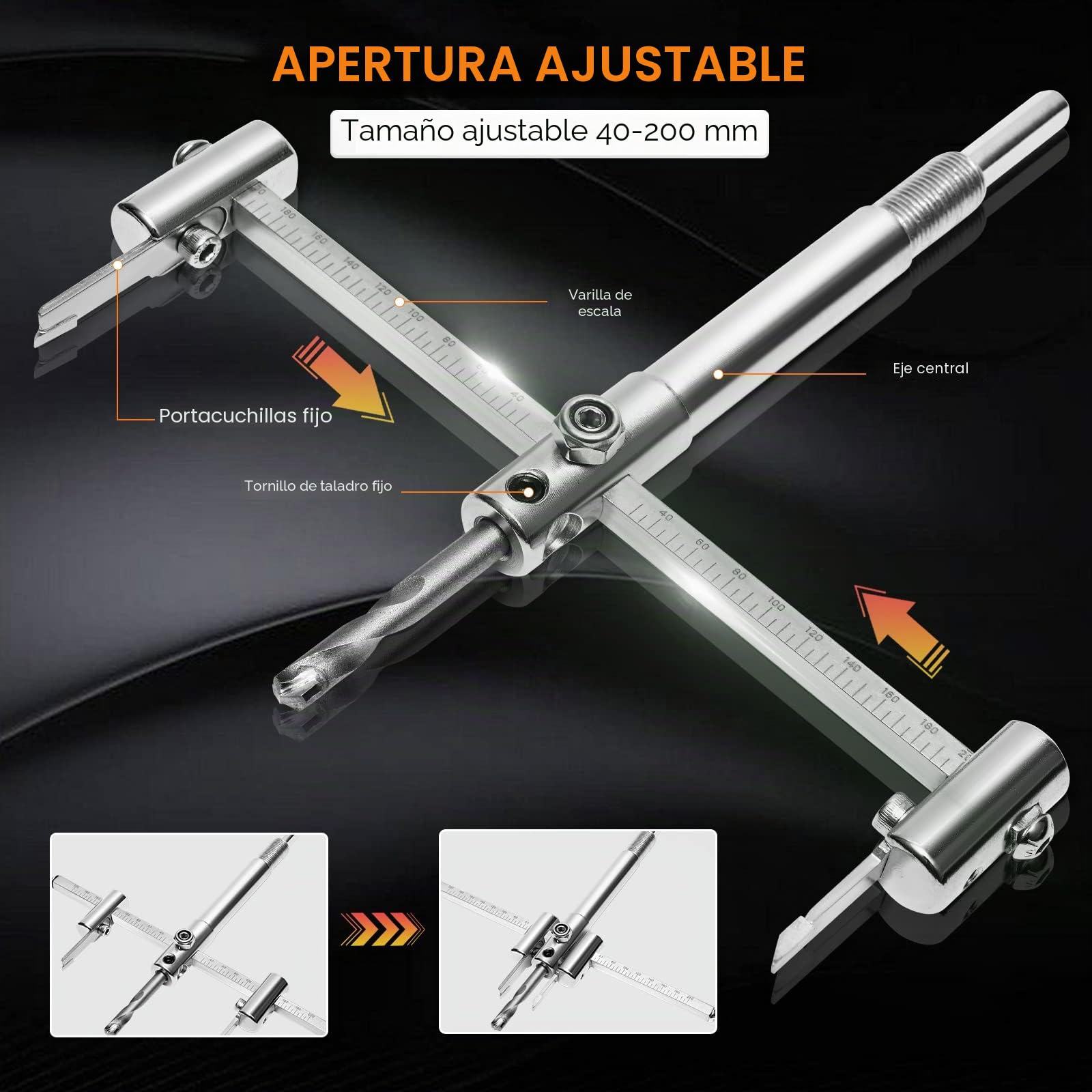 Profesional Cortadora eficiente de Agujeros para Sierra Circular Tamaño de Diámetro Ajustable (40-200 mm) para Orificios de Ventilación,Luces Empotradas en Techos,Paredes y Suelos
