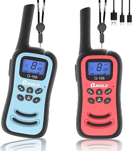 QNIGLO Walkie Talkies para niños recargables, Walkie Talkies de largo alcance con 22 canales FRS, radios de 2 vías con linterna LED, juguetes para