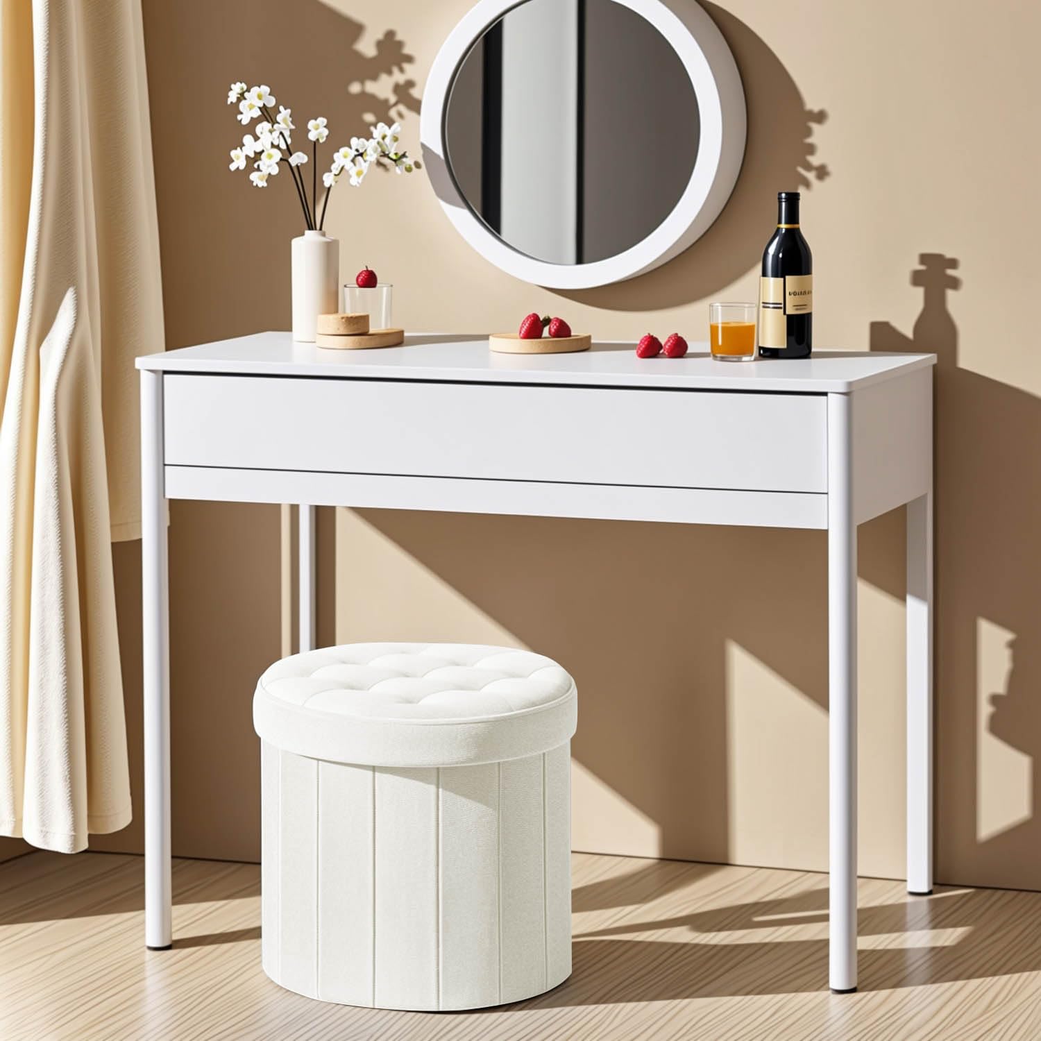 Bsketa Ottomane de rangement pliable rond de 38,1 cm, repose-pieds avec siège rembourré en mousse épaisse, petit banc de rangement en velours, repose-pieds pour salon, table basse pliable, beige