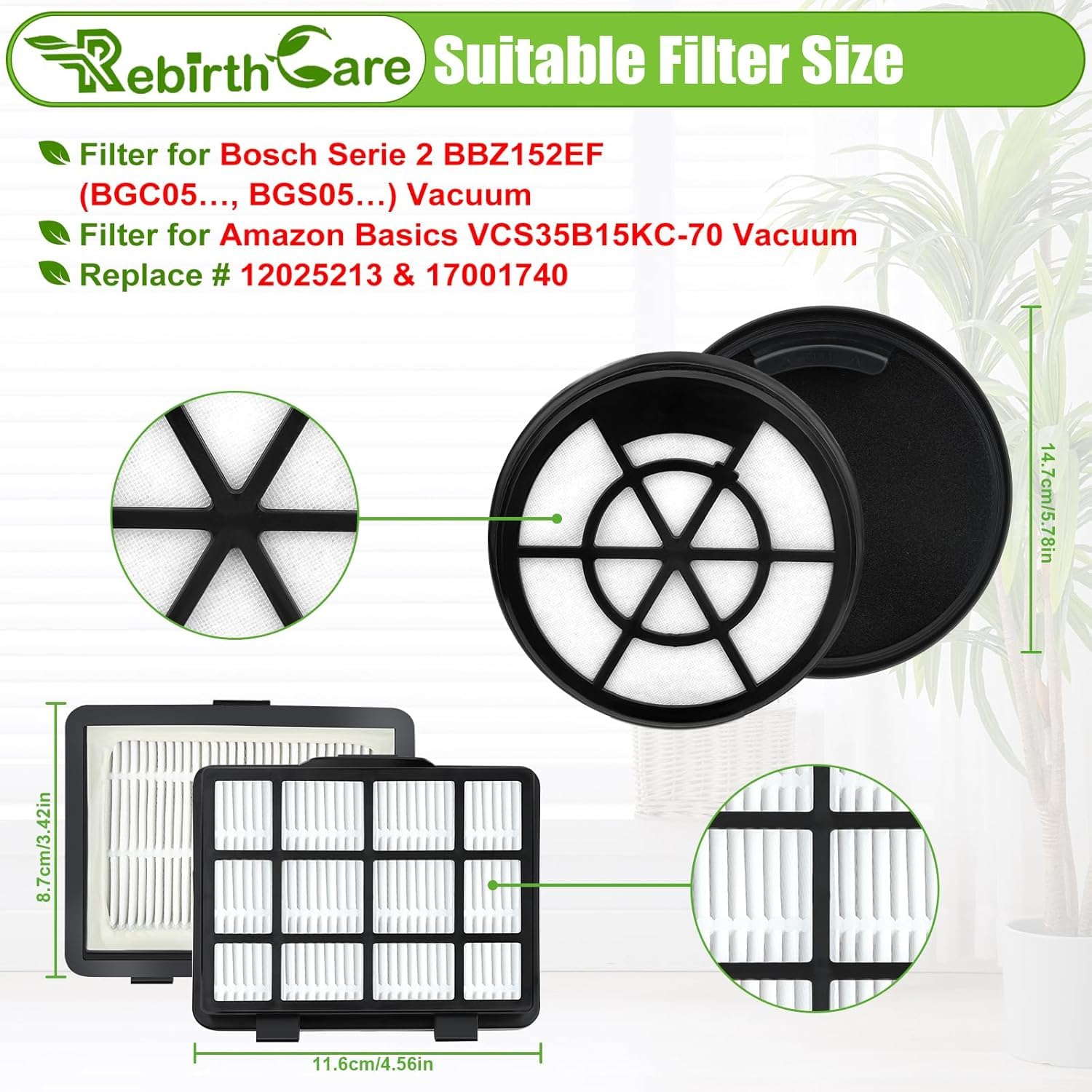 3 Coppie di Filtri per Bosch BBZ152EF Serie 2, Filtri BGC05, BGS05, BGC05A220A, BGC05A320, BGC05A322, BGC05AAA1, BGC05AAA2, BGS05X240 - Parti di Ricambio per Aspirapolvere Amazon Basics VCS35B15KC-70