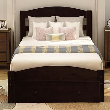 Twin Size Wood Platform Bed Frame with Storage Drawer, Wood Platform Bed with Headboard and Wooden Slat Support, No Box Spring Needed for Dorm Bedroom Guest Room Espresso