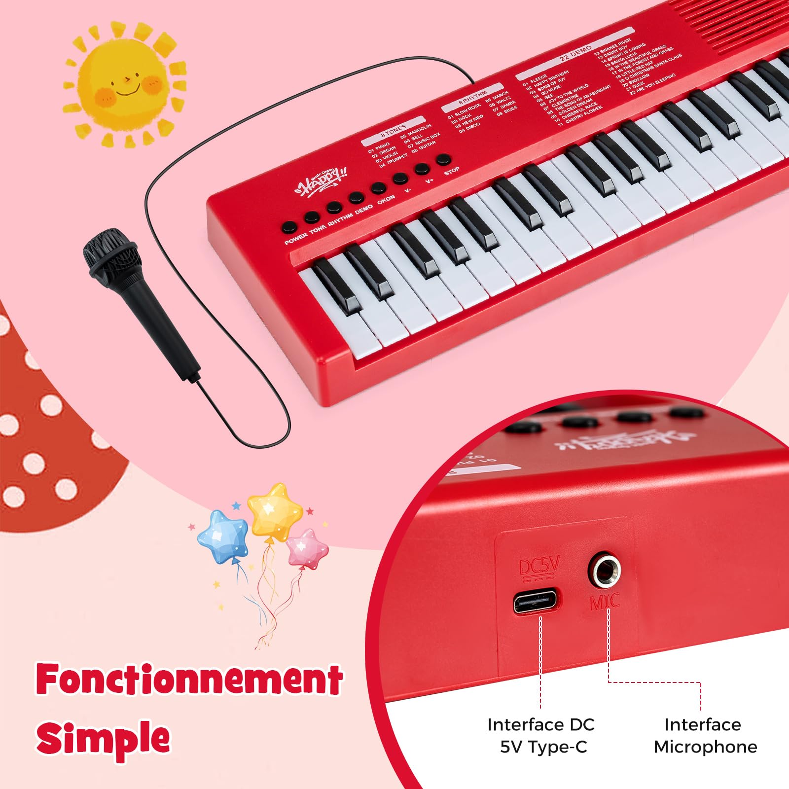 COSTWAY Clavier Piano Enfants 37 Touches avec Microphone, Piano Numérique Portable avec 8 Rythmes, 8 Tonalités, 22 Démos, Haut-parleurs, Jouet Musical Éducatif pour Garçons Filles 3 Ans+ (Rouge)