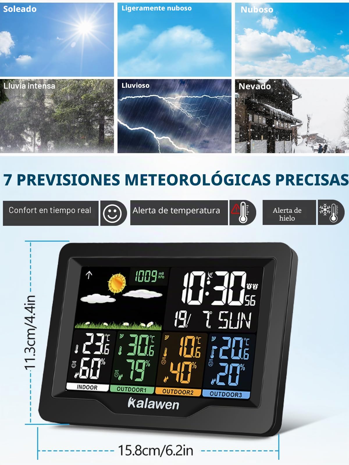 Estación Meteorológica Profesional con Sensor Exterior Interior RCC Estación Meteorológica para Temperatura Humedad Barómetro Alarma Fase Lunar - 10 en 1
