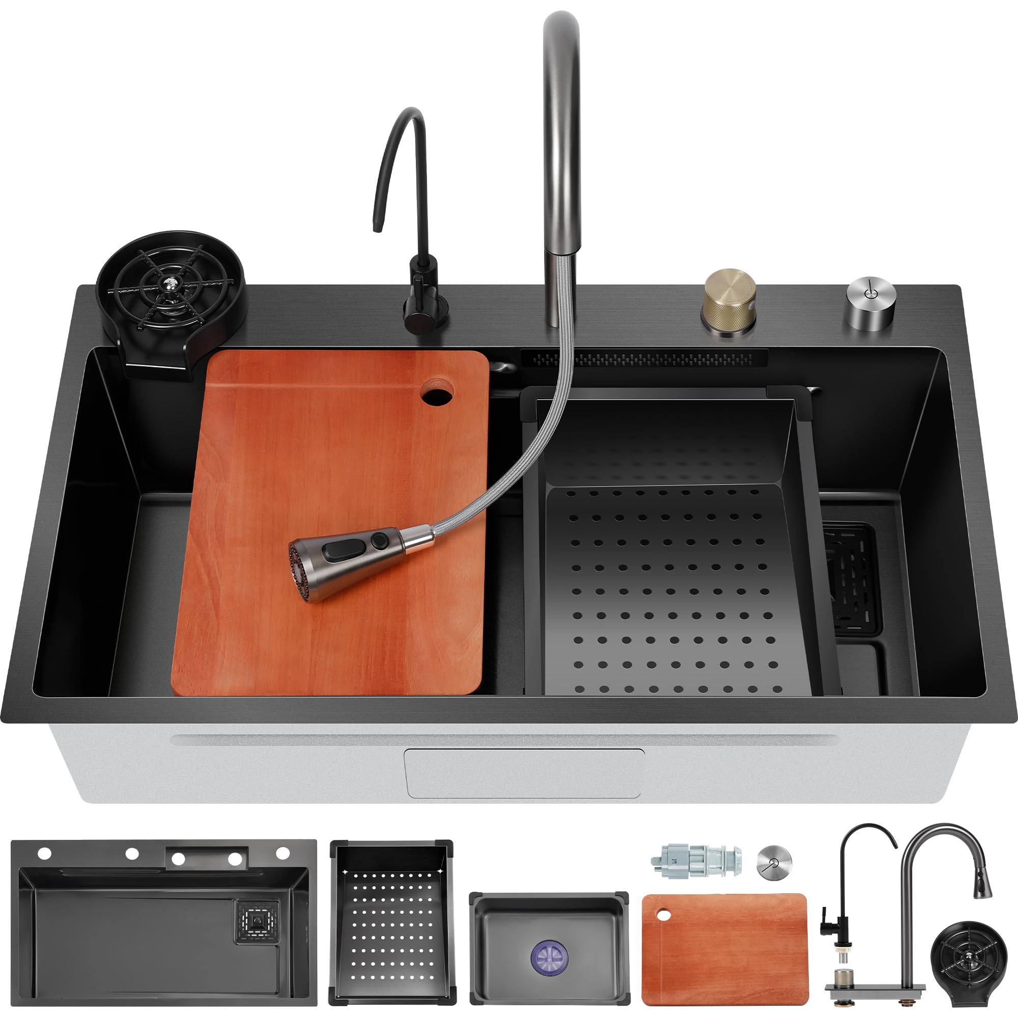 Rengue Waterfall Kitchen Sink, Drop In Kitchen Sink Single Bowl, Black 304 Stainless Steel Kitchen Sink Workstation with Pull-Out Faucet and Multiple Accessories (31.49×17.77×8.66 inch)