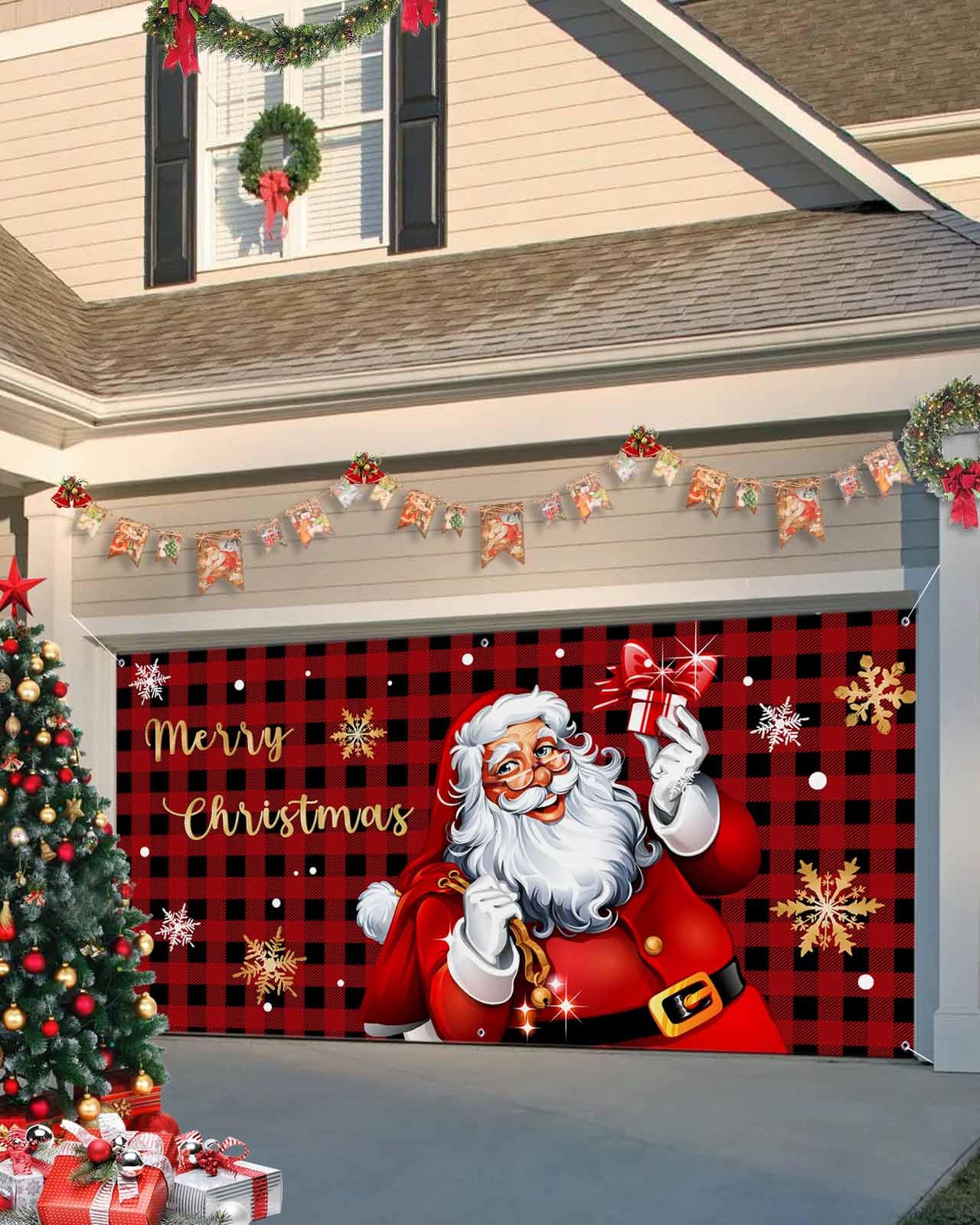 Weihnachts-Garagentor-Banner – 2,1x2,4 M, Polyester, Mit Winter-Motiv (LKW, Schneemann, Büffelkaro) | Wetterfest, Mit Metallösen & Seil, Für Außendeko