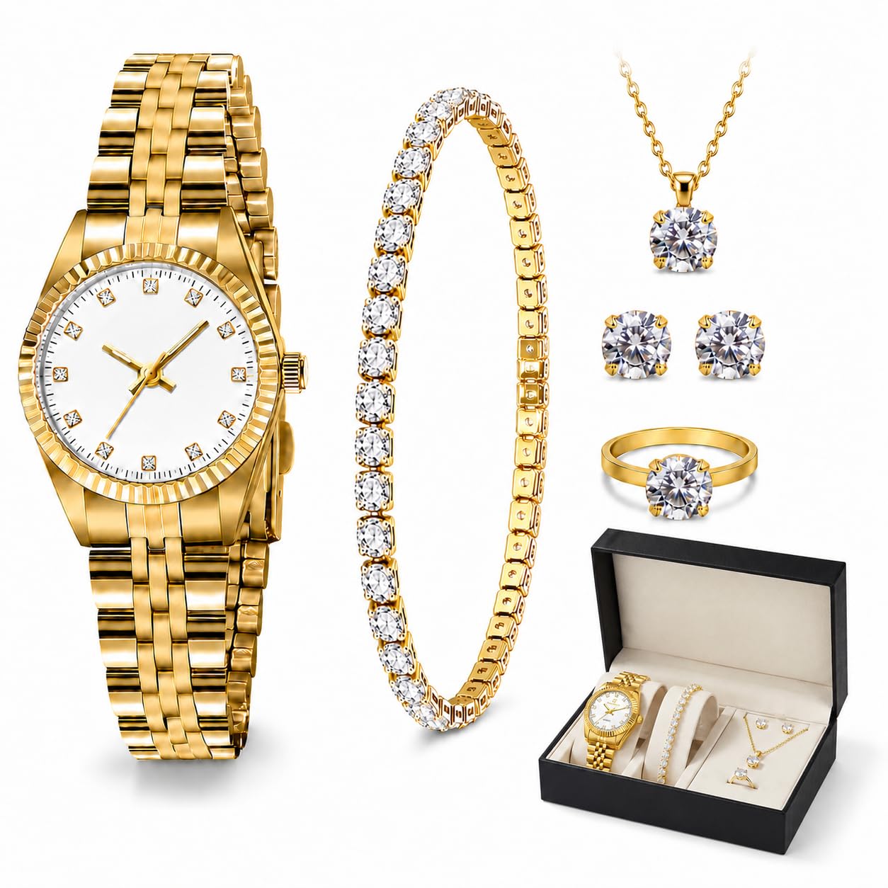 Timever Damen-Armbanduhr-Set, 18 Karat vergoldet, Armreif, Armband, Ring für Frauen, zierliche Damen-Armbanduhr, wasserdicht, analoge Uhr mit leuchtend, Valentinstag, Jahrestag, Geburtstag, Geschenke