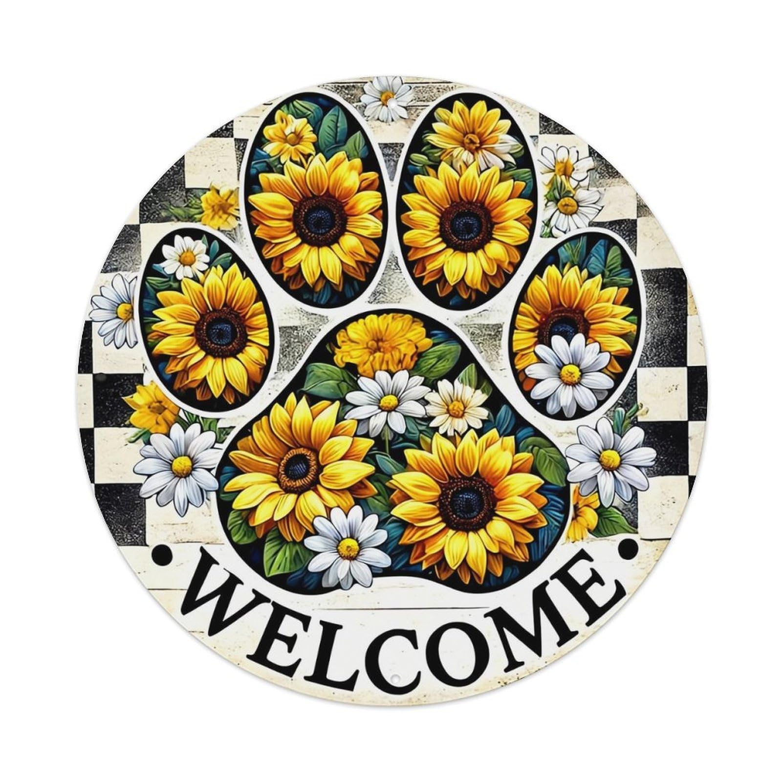 Sunflower Daisy Paw Print Welcome Retro Metal Tin Sign, Vintage Metal Poster for home, Gaming Room, Studio Workshop,Bar,Garage Wall Art Decor 8x8 inch