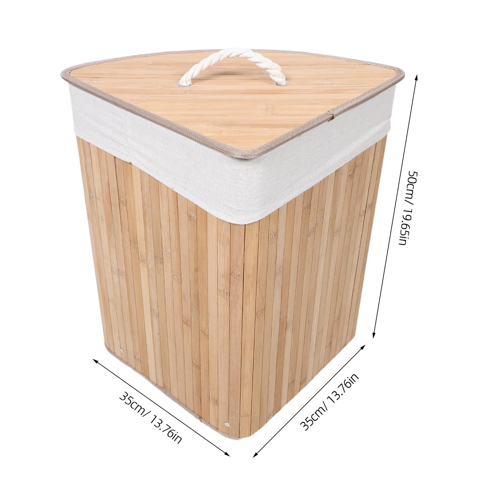 Cesto Biancheria Triangolare in Bambù con Coperchio e Manico | Fodera Rimovibile, Angolo Bagno e Camera, Superficie Liscia e Pulibile, Colore Beige