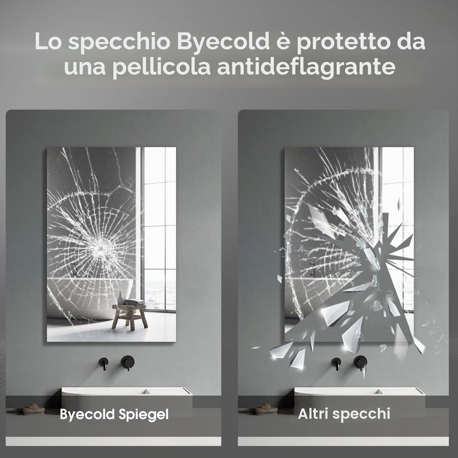 byecold Riscaldatore a infrarossi per specchio con termostato, 450 watt - Riscaldatore a infrarossi per specchio con illuminazione a LED - Specchio da bagno, 80x60 cm