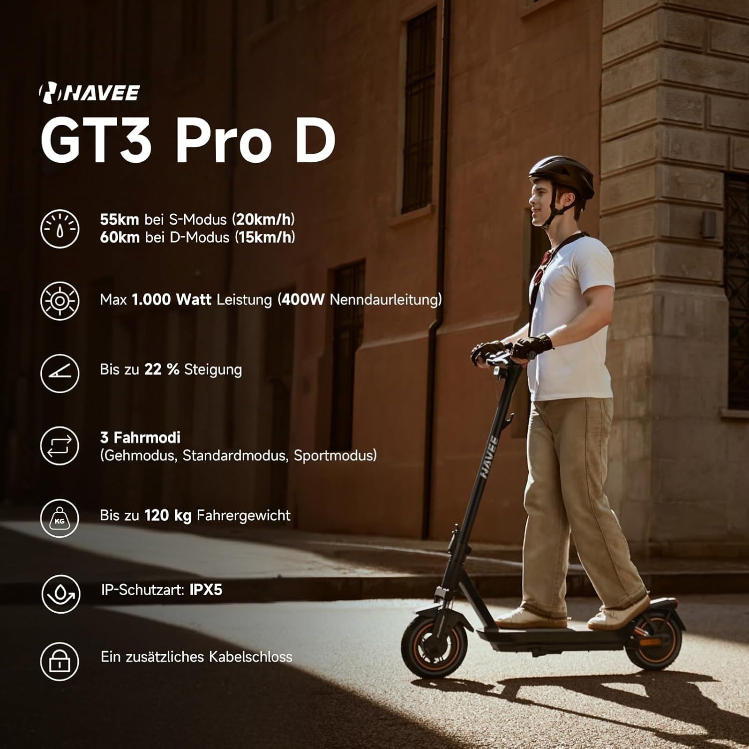NAVEE GT3 Pro D E-Scooter Erwachsene 400W Motor | 60 km Reichweite | Vierfach-Federung | Klappbar (54 cm) mit IPX5 & TÜV-Zulassung Stadtscooter für Kopfsteinpflaster/Steigungen 22%