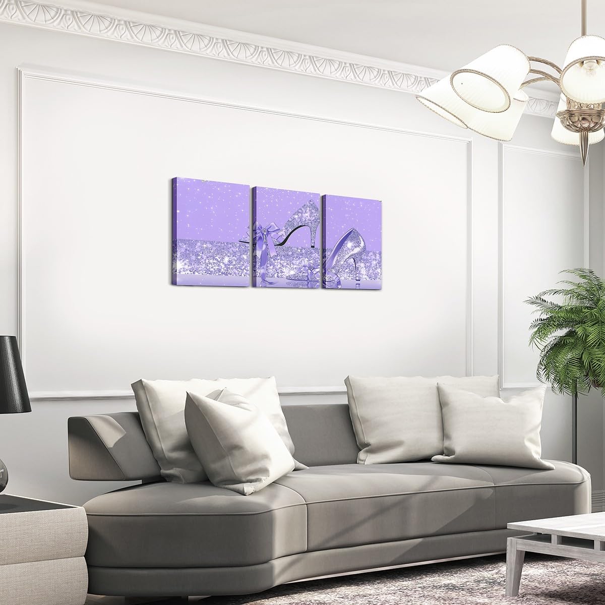 Loussiesd Glitter (No Glitter) Bathroom Wall Art Pastel High-heeled Shoes 3 Piece Canvas Wall Art for Living Room for Stylish Office Wall Decor Artwork Posters 40X30cmx3pcs Silver Shiny (Grey Purple) - Image 3