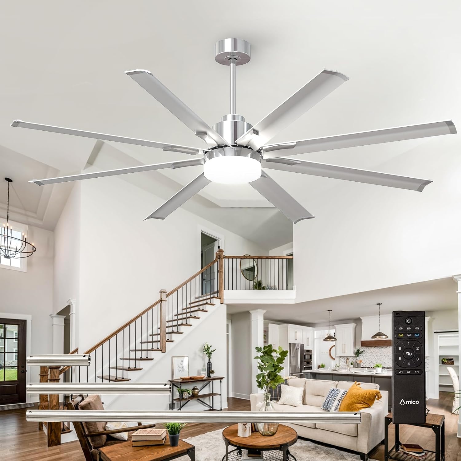Amico 84 Inch Ceiling Fan with Light, 8 Aluminum Reversible Blades, Industrial Large Ceiling Fans with Quiet DC Motor, 6-Speed Remote Control, Indoor/Outdoor for Shop/Garage/Patio, Black